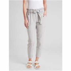 NWOT Athleta Skyline Paperbag Waist pants with tie belt in light grey.